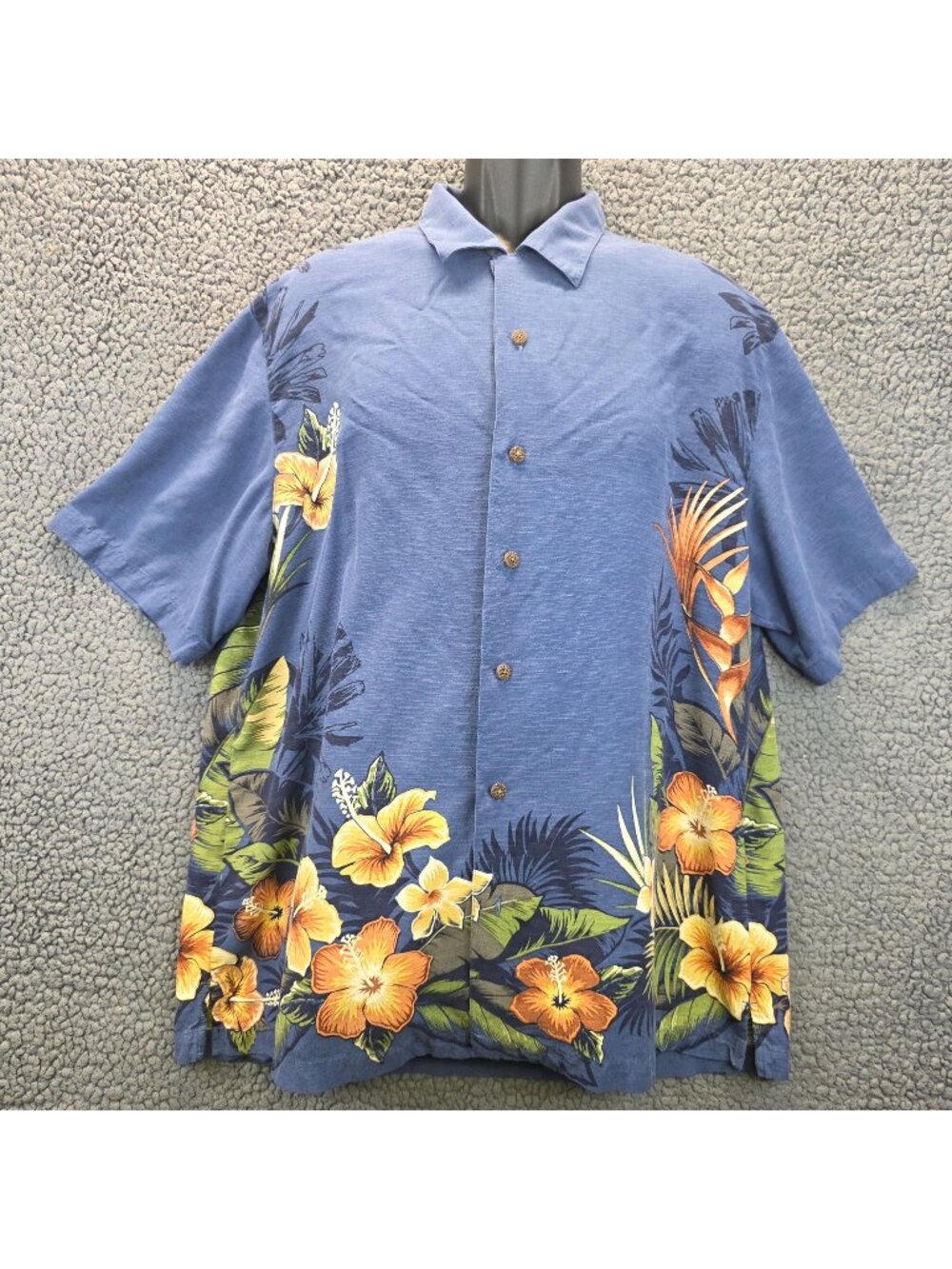 Paradise Collection Silk Hawaiian Button Up Shirt L Blue Tropical Floral Resort